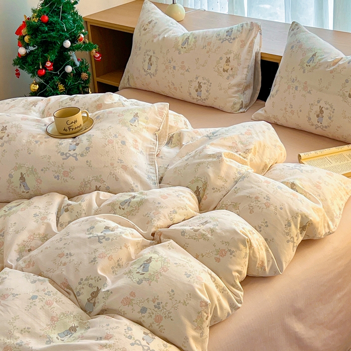 91家纺网 家纺一手货源 找家纺 仟网汇 2025新款全棉纯棉层纱四件套 安琪拉兔