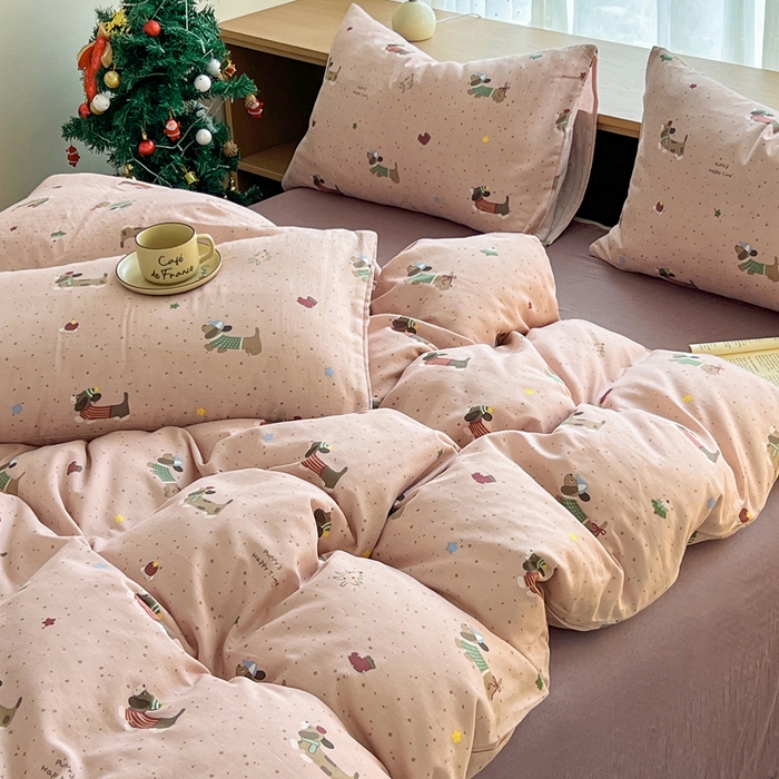 91家纺网 家纺一手货源 找家纺 仟网汇 2025新款全棉纯棉层纱四件套 狗狗派对