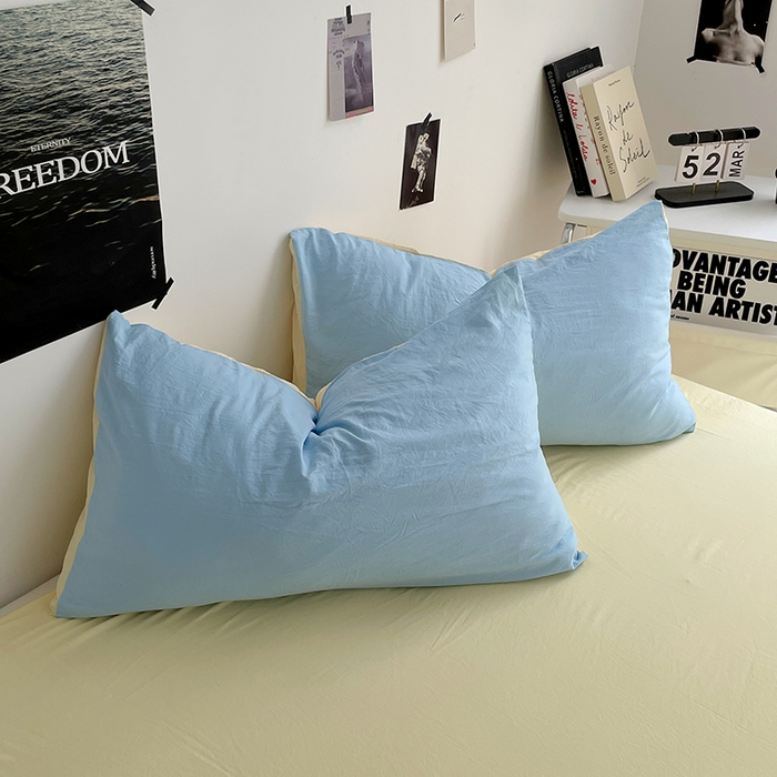 91家纺网 家纺一手货源 找家纺 卡斯诺家纺馆 2026新款水洗棉纯色双拼四件套（下载文件包含买家秀） 天蓝奶黄