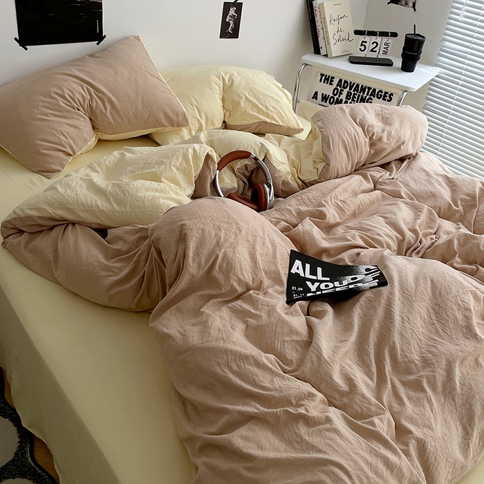 91家纺网 家纺一手货源 找家纺 卡斯诺家纺馆 2026新款水洗棉纯色双拼四件套（下载文件包含买家秀） 卡其奶黄