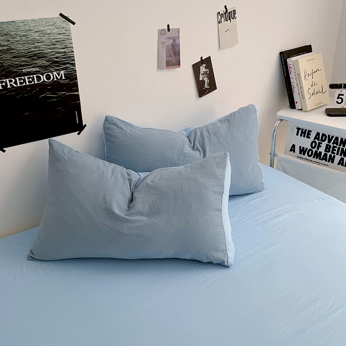 91家纺网 家纺一手货源 找家纺 卡斯诺家纺馆 2026新款水洗棉纯色双拼四件套（下载文件包含买家秀） 雾蓝天蓝