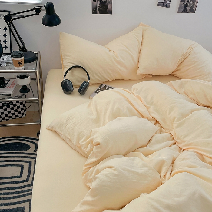 91家纺网 家纺一手货源 找家纺 卡斯诺家纺馆 2026新款水洗棉纯色双拼四件套（下载文件包含买家秀） 纯奶黄