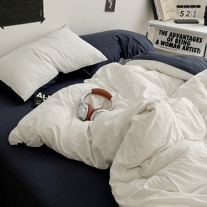 91家纺网 家纺一手货源 找家纺 卡斯诺家纺馆 2026新款水洗棉纯色双拼四件套（下载文件包含买家秀） 米白藏青