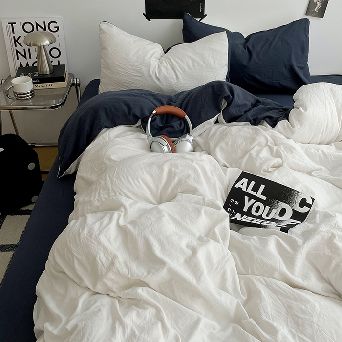 91家纺网 家纺一手货源 找家纺 卡斯诺家纺馆 2026新款水洗棉纯色双拼四件套（下载文件包含买家秀） 米白藏青