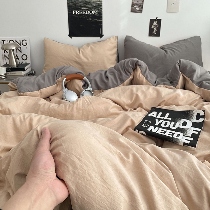 91家纺网 家纺一手货源 找家纺 卡斯诺家纺馆 2026新款水洗棉纯色双拼四件套（下载文件包含买家秀） 卡其银灰