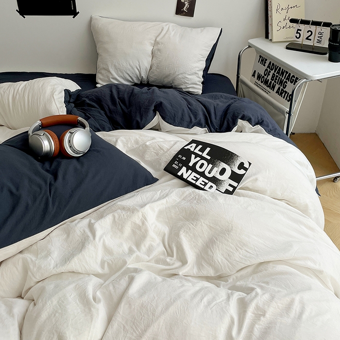 91家纺网 家纺一手货源 找家纺 卡斯诺家纺馆 2026新款水洗棉纯色双拼四件套（下载文件包含买家秀） 米白藏青