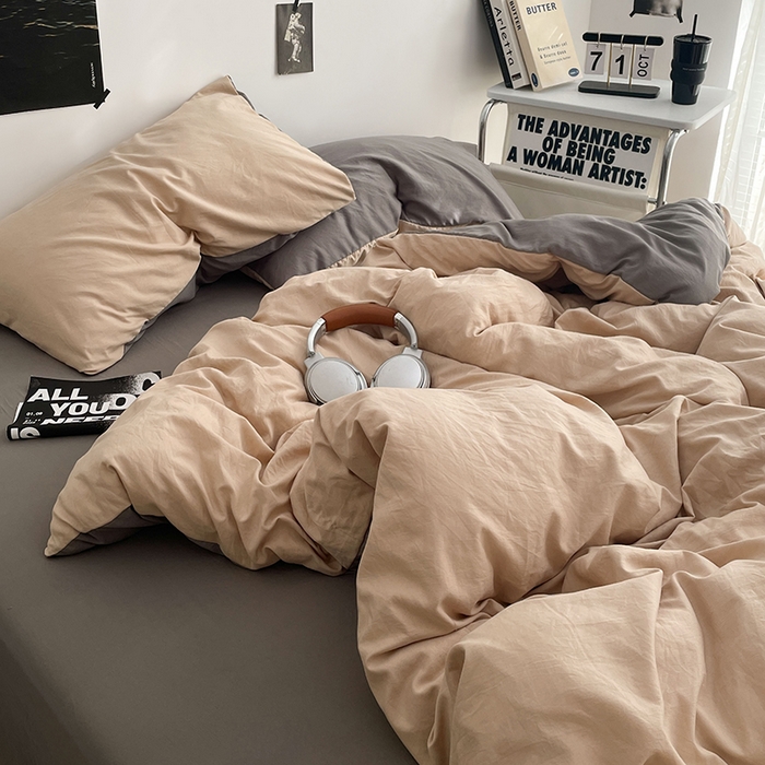 91家纺网 家纺一手货源 找家纺 卡斯诺家纺馆 2026新款水洗棉纯色双拼四件套（下载文件包含买家秀） 卡其银灰