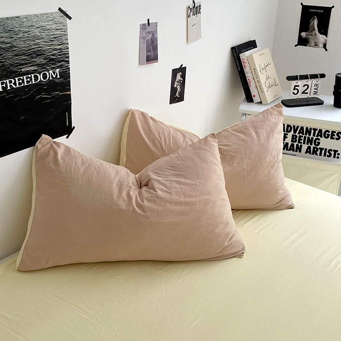 91家纺网 家纺一手货源 找家纺 卡斯诺家纺馆 2026新款水洗棉纯色双拼四件套（下载文件包含买家秀） 卡其奶黄