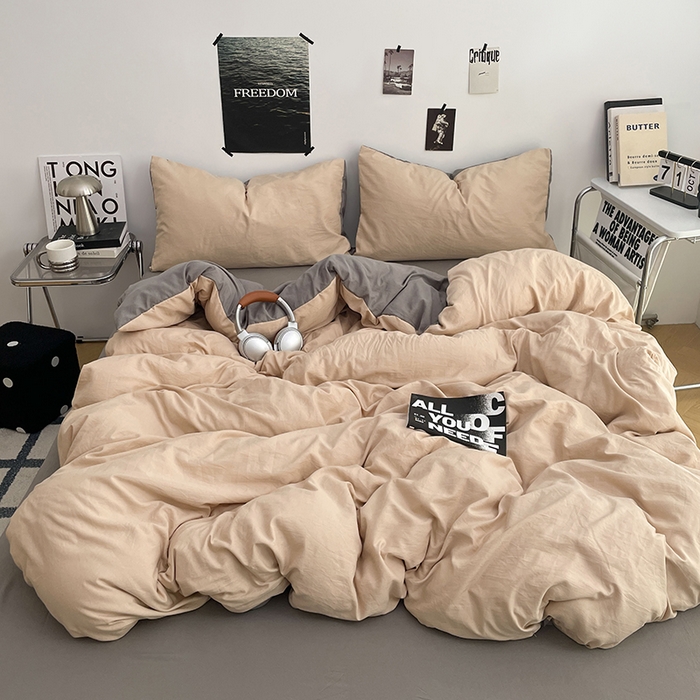 卡斯诺家纺馆 2026新款水洗棉纯色双拼四件套（下载文件包含买家秀） 卡其银灰