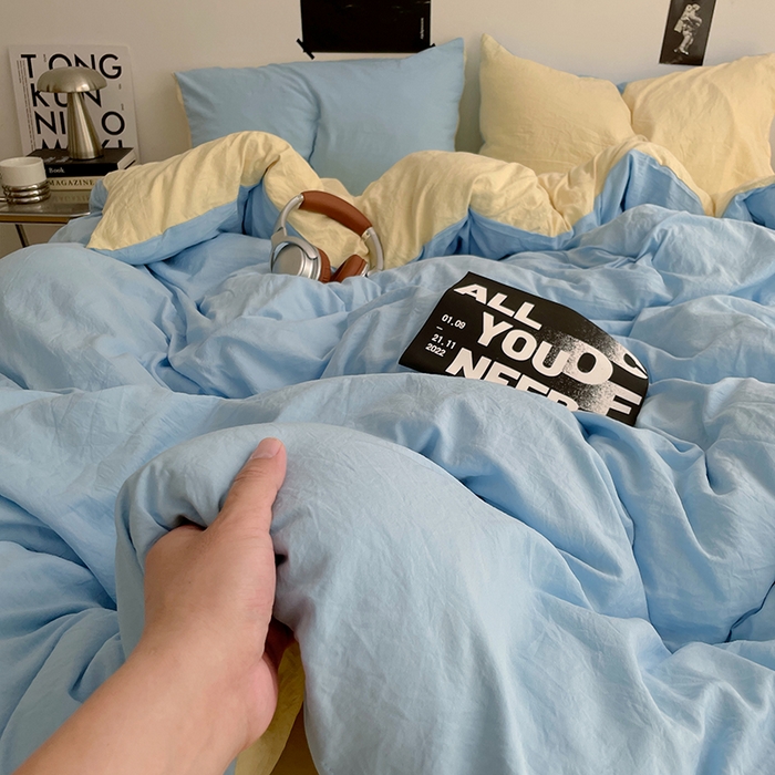 91家纺网 家纺一手货源 找家纺 卡斯诺家纺馆 2026新款水洗棉纯色双拼四件套（下载文件包含买家秀） 天蓝奶黄