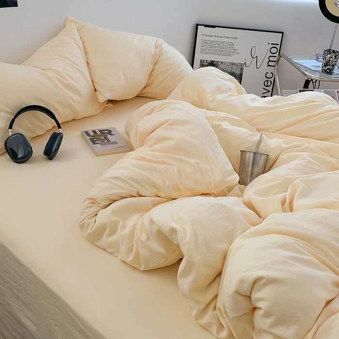 91家纺网 家纺一手货源 找家纺 卡斯诺家纺馆 2026新款水洗棉纯色双拼四件套（下载文件包含买家秀） 纯奶黄