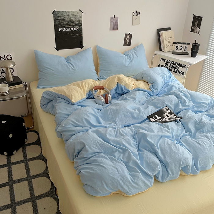 91家纺网 家纺一手货源 找家纺 卡斯诺家纺馆 2026新款水洗棉纯色双拼四件套（下载文件包含买家秀） 天蓝奶黄