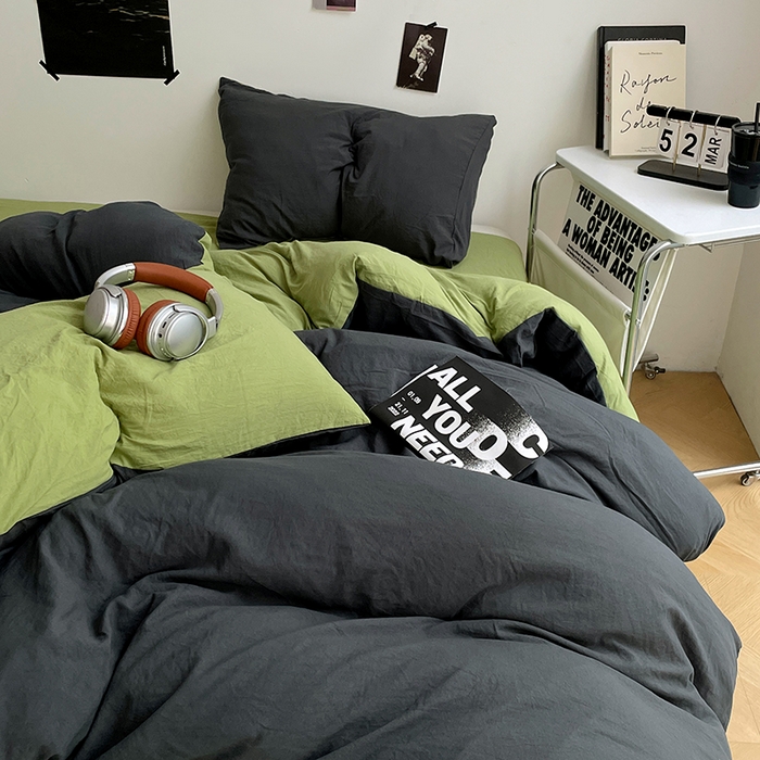 91家纺网 家纺一手货源 找家纺 卡斯诺家纺馆 2026新款水洗棉纯色双拼四件套（下载文件包含买家秀） 深灰茶绿