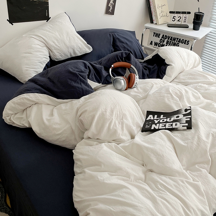 91家纺网 家纺一手货源 找家纺 卡斯诺家纺馆 2026新款水洗棉纯色双拼四件套（下载文件包含买家秀） 米白藏青