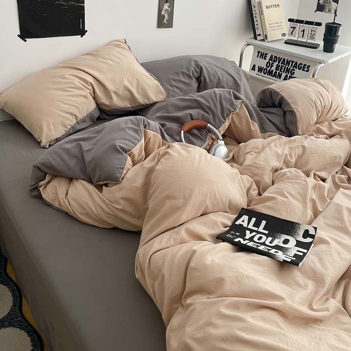 91家纺网 家纺一手货源 找家纺 卡斯诺家纺馆 2026新款水洗棉纯色双拼四件套（下载文件包含买家秀） 卡其银灰