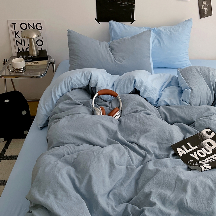 91家纺网 家纺一手货源 找家纺 卡斯诺家纺馆 2026新款水洗棉纯色双拼四件套（下载文件包含买家秀） 雾蓝天蓝