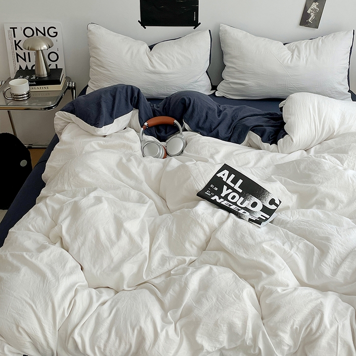 91家纺网 家纺一手货源 找家纺 卡斯诺家纺馆 2026新款水洗棉纯色双拼四件套（下载文件包含买家秀） 米白藏青