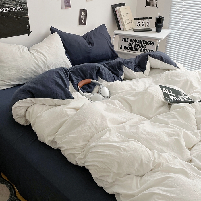 91家纺网 家纺一手货源 找家纺 卡斯诺家纺馆 2026新款水洗棉纯色双拼四件套（下载文件包含买家秀） 米白藏青