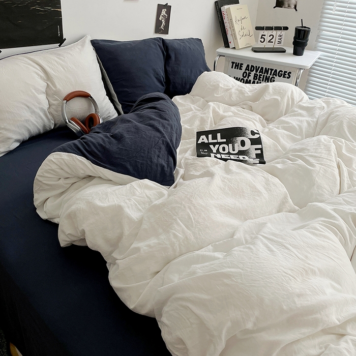 91家纺网 家纺一手货源 找家纺 卡斯诺家纺馆 2026新款水洗棉纯色双拼四件套（下载文件包含买家秀） 米白藏青