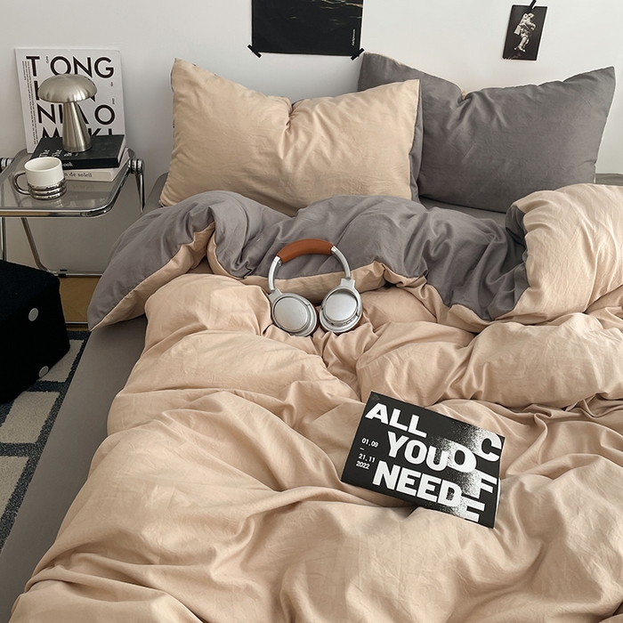 91家纺网 家纺一手货源 找家纺 卡斯诺家纺馆 2026新款水洗棉纯色双拼四件套（下载文件包含买家秀） 卡其银灰