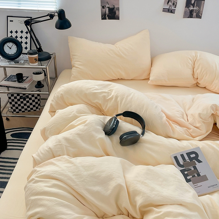 91家纺网 家纺一手货源 找家纺 卡斯诺家纺馆 2026新款水洗棉纯色双拼四件套（下载文件包含买家秀） 纯奶黄