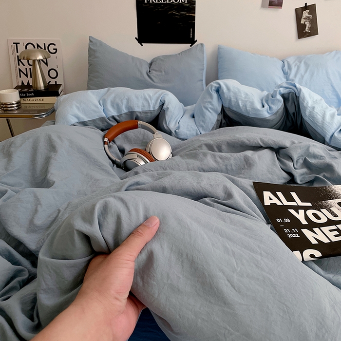 91家纺网 家纺一手货源 找家纺 卡斯诺家纺馆 2026新款水洗棉纯色双拼四件套（下载文件包含买家秀） 雾蓝天蓝