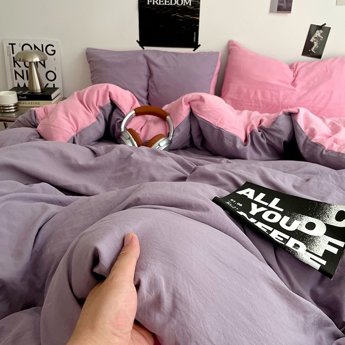 91家纺网 家纺一手货源 找家纺 卡斯诺家纺馆 2026新款水洗棉纯色双拼四件套（下载文件包含买家秀） 魅紫浅粉