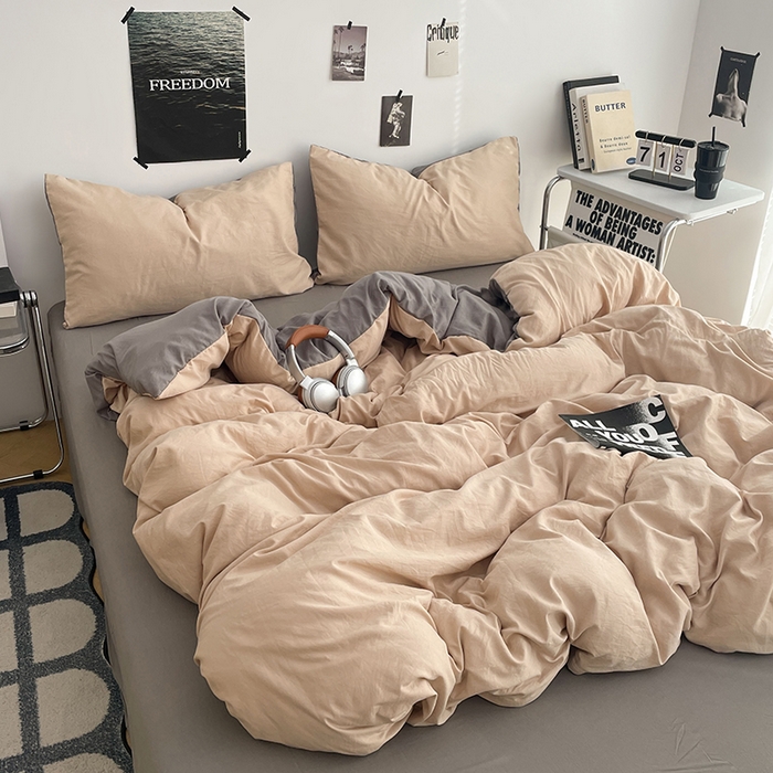 91家纺网 家纺一手货源 找家纺 卡斯诺家纺馆 2026新款水洗棉纯色双拼四件套（下载文件包含买家秀） 卡其银灰