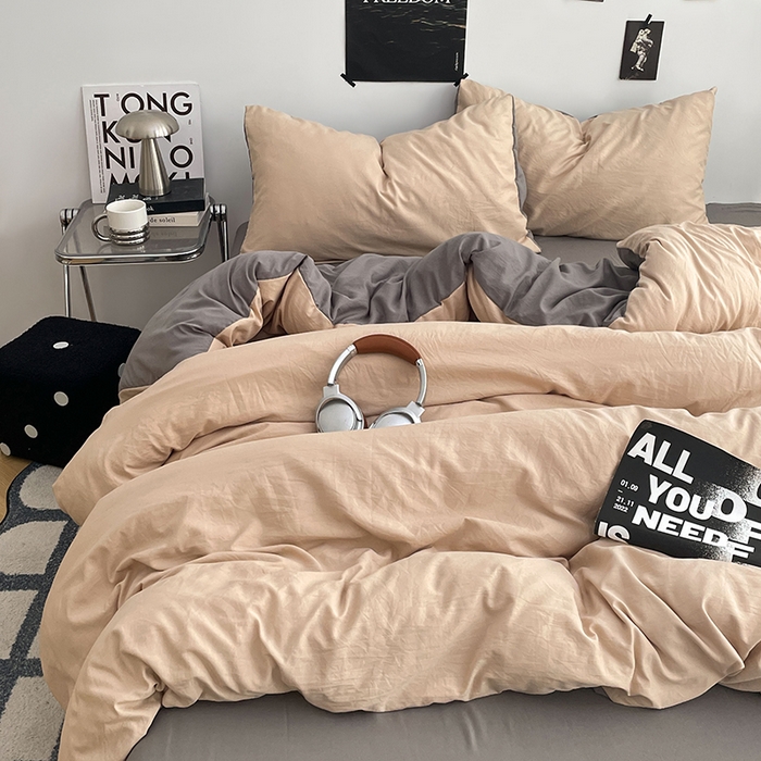 91家纺网 家纺一手货源 找家纺 卡斯诺家纺馆 2026新款水洗棉纯色双拼四件套（下载文件包含买家秀） 卡其银灰