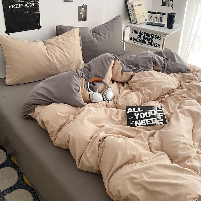 91家纺网 家纺一手货源 找家纺 卡斯诺家纺馆 2026新款水洗棉纯色双拼四件套（下载文件包含买家秀） 卡其银灰