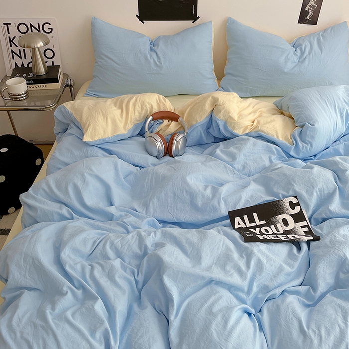 91家纺网 家纺一手货源 找家纺 卡斯诺家纺馆 2026新款水洗棉纯色双拼四件套（下载文件包含买家秀） 天蓝奶黄