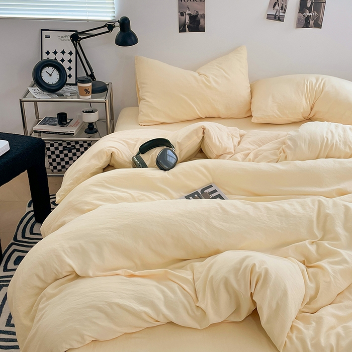 91家纺网 家纺一手货源 找家纺 卡斯诺家纺馆 2026新款水洗棉纯色双拼四件套（下载文件包含买家秀） 纯奶黄