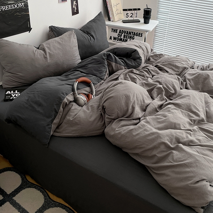 91家纺网 家纺一手货源 找家纺 卡斯诺家纺馆 2026新款水洗棉纯色双拼四件套（下载文件包含买家秀） 浅灰深灰