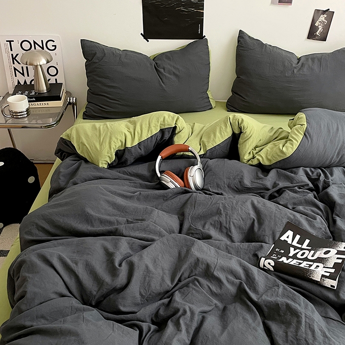 91家纺网 家纺一手货源 找家纺 卡斯诺家纺馆 2026新款水洗棉纯色双拼四件套（下载文件包含买家秀） 深灰茶绿