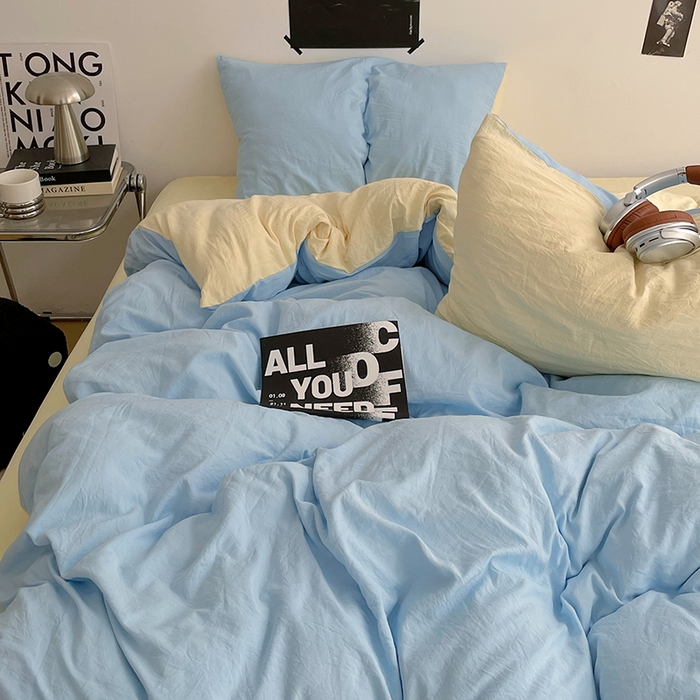 91家纺网 家纺一手货源 找家纺 卡斯诺家纺馆 2026新款水洗棉纯色双拼四件套（下载文件包含买家秀） 天蓝奶黄