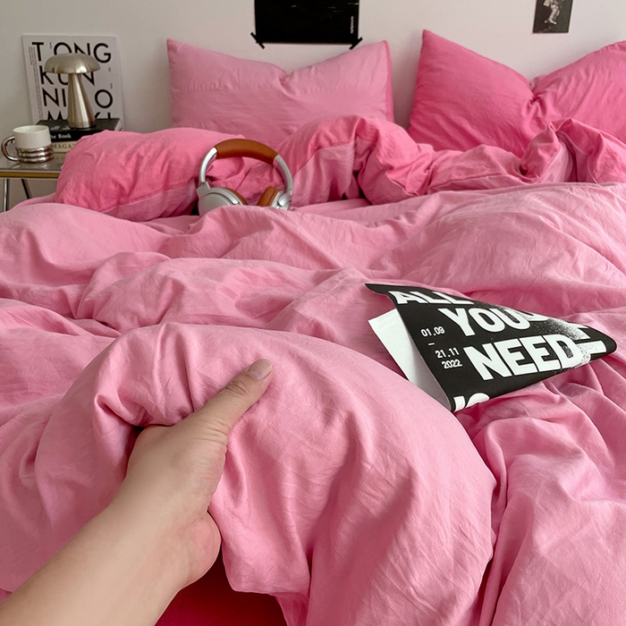 91家纺网 家纺一手货源 找家纺 卡斯诺家纺馆 2026新款水洗棉纯色双拼四件套（下载文件包含买家秀） 浅粉玫红