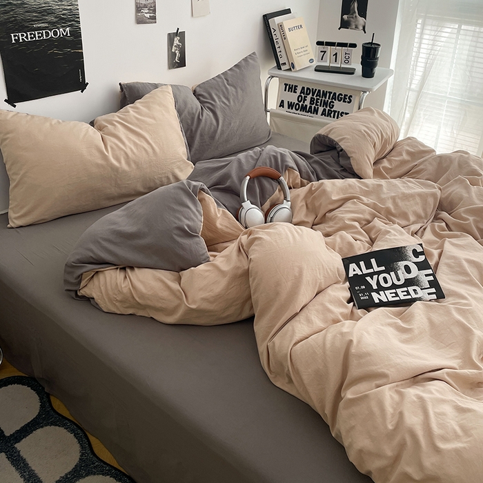 91家纺网 家纺一手货源 找家纺 卡斯诺家纺馆 2026新款水洗棉纯色双拼四件套（下载文件包含买家秀） 卡其银灰