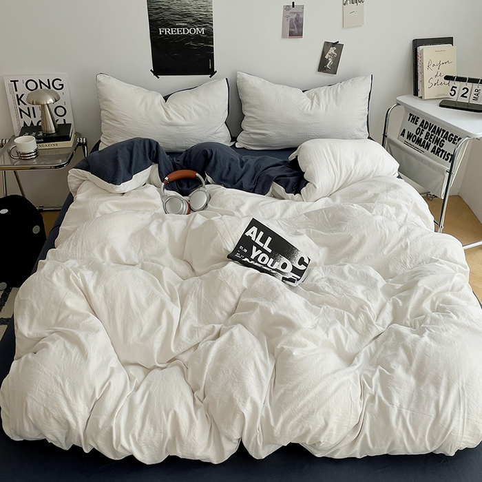 卡斯诺家纺馆 2026新款水洗棉纯色双拼四件套（下载文件包含买家秀） 米白藏青