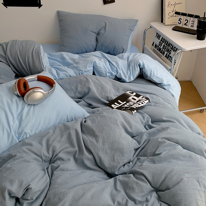 91家纺网 家纺一手货源 找家纺 卡斯诺家纺馆 2026新款水洗棉纯色双拼四件套（下载文件包含买家秀） 雾蓝天蓝