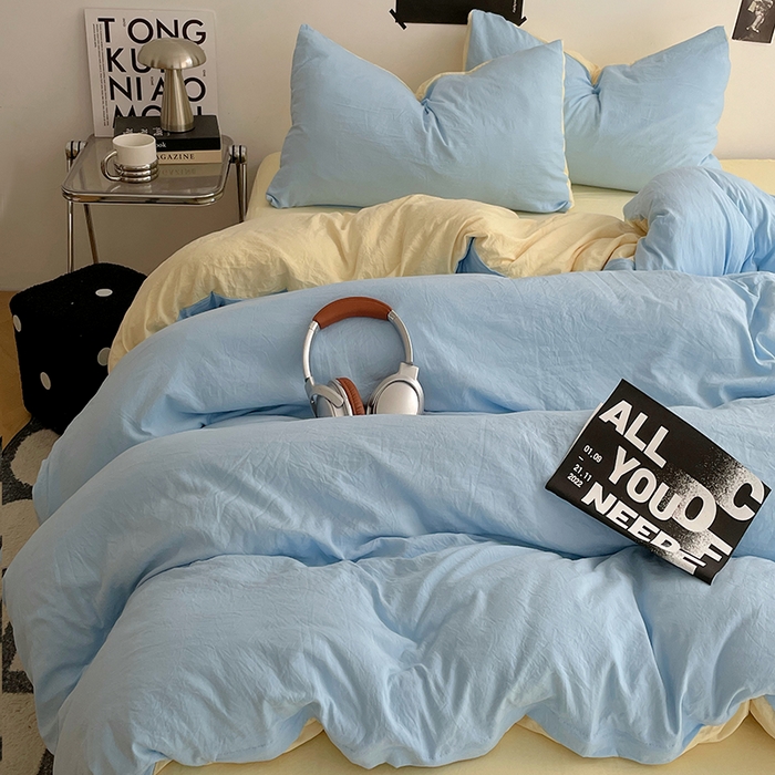 91家纺网 家纺一手货源 找家纺 卡斯诺家纺馆 2026新款水洗棉纯色双拼四件套（下载文件包含买家秀） 天蓝奶黄