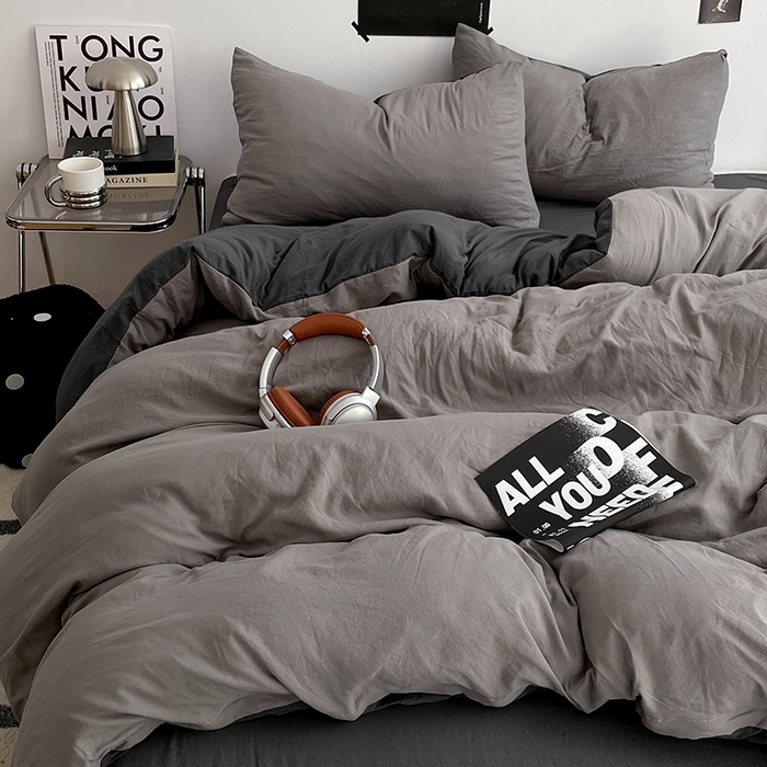 91家纺网 家纺一手货源 找家纺 卡斯诺家纺馆 2026新款水洗棉纯色双拼四件套（下载文件包含买家秀） 浅灰深灰