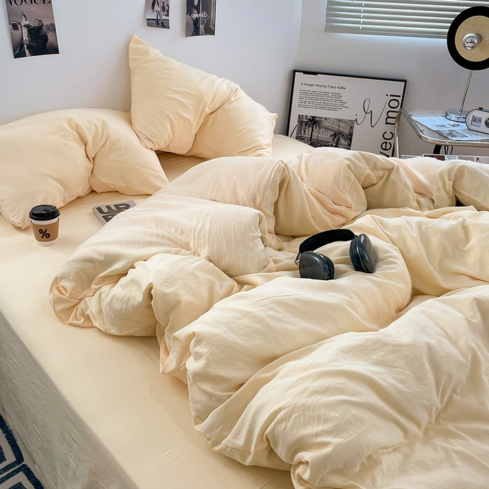 91家纺网 家纺一手货源 找家纺 卡斯诺家纺馆 2026新款水洗棉纯色双拼四件套（下载文件包含买家秀） 纯奶黄