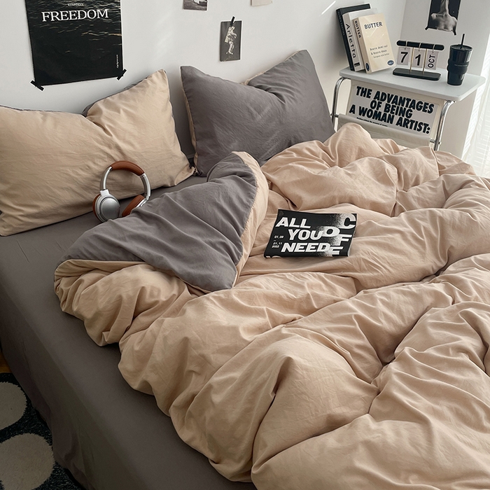 91家纺网 家纺一手货源 找家纺 卡斯诺家纺馆 2026新款水洗棉纯色双拼四件套（下载文件包含买家秀） 卡其银灰