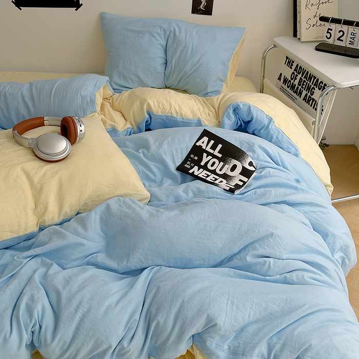 91家纺网 家纺一手货源 找家纺 卡斯诺家纺馆 2026新款水洗棉纯色双拼四件套（下载文件包含买家秀） 天蓝奶黄