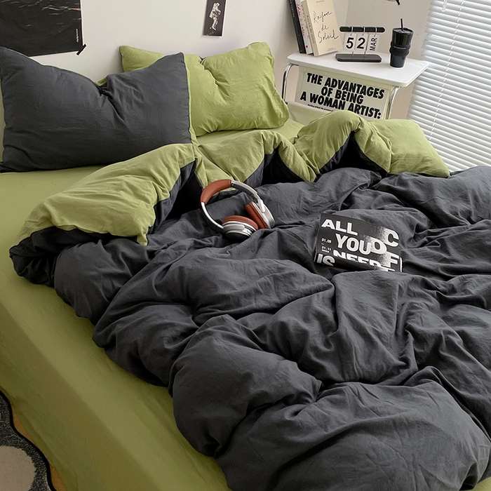 91家纺网 家纺一手货源 找家纺 卡斯诺家纺馆 2026新款水洗棉纯色双拼四件套（下载文件包含买家秀） 深灰茶绿