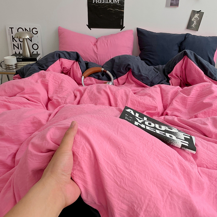 91家纺网 家纺一手货源 找家纺 卡斯诺家纺馆 2026新款水洗棉纯色双拼四件套（下载文件包含买家秀） 玫红藏青