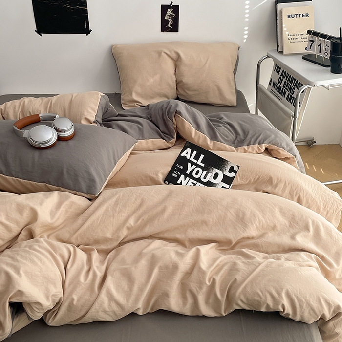 91家纺网 家纺一手货源 找家纺 卡斯诺家纺馆 2026新款水洗棉纯色双拼四件套（下载文件包含买家秀） 卡其银灰