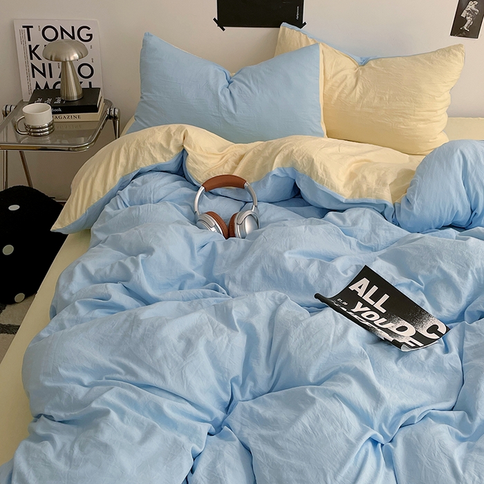 91家纺网 家纺一手货源 找家纺 卡斯诺家纺馆 2026新款水洗棉纯色双拼四件套（下载文件包含买家秀） 天蓝奶黄