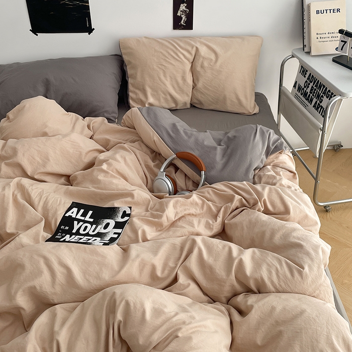 91家纺网 家纺一手货源 找家纺 卡斯诺家纺馆 2026新款水洗棉纯色双拼四件套（下载文件包含买家秀） 卡其银灰