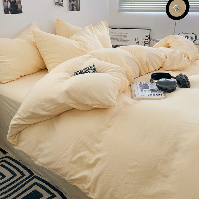 91家纺网 家纺一手货源 找家纺 卡斯诺家纺馆 2026新款水洗棉纯色双拼四件套（下载文件包含买家秀） 纯奶黄